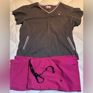 Koi Brand Scrubs 2 Pocket Top 3  Pocket Pants Pink Gray Uniform Top XL/Pants L